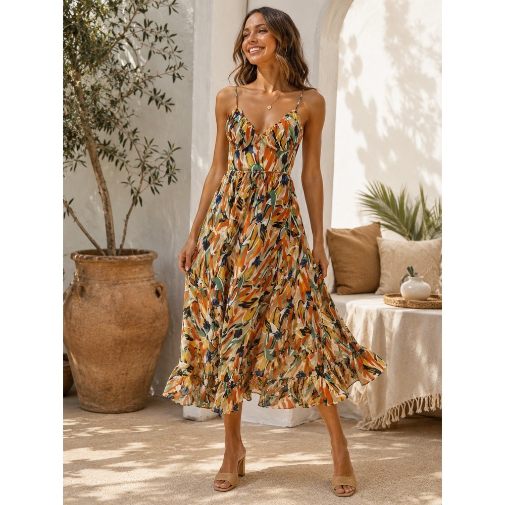Commense Boho Chic Vibrant Floral Print Cami Midi Dress Summer Sundress Size S
